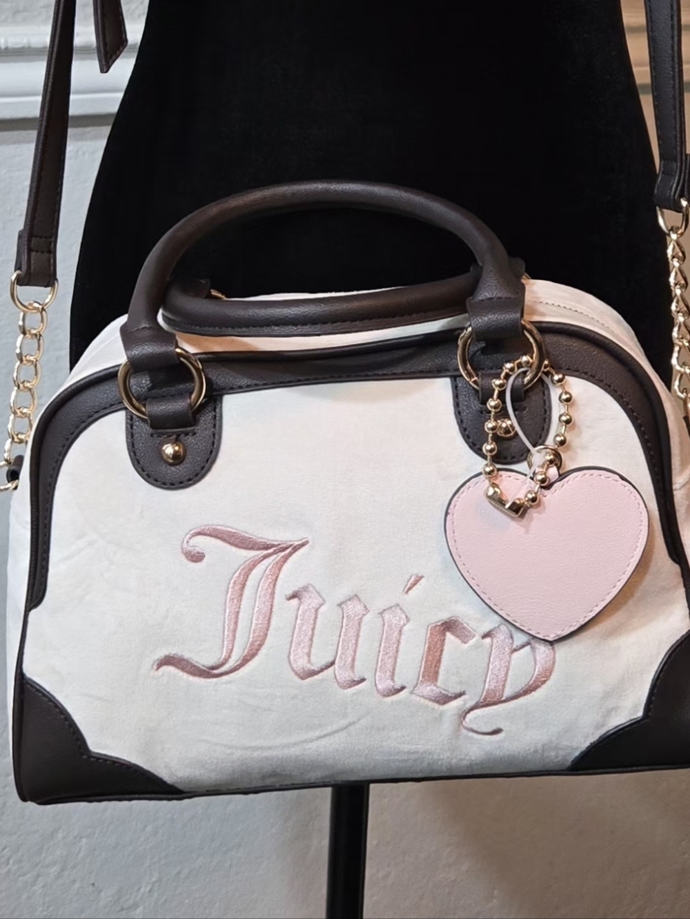Juicy Couture Y2K Barrel Bag Brown Cream Pink Logo Heart Charm Crossbody Nwt